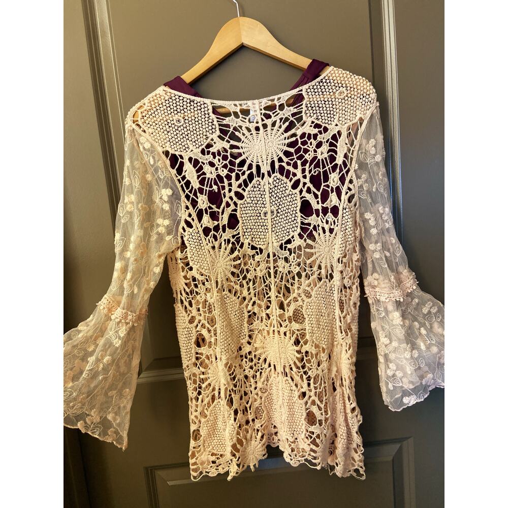 Boho Coastal Cowgirl Crochet Lace Long Sleeve Pullover - Picture 4 of 6
